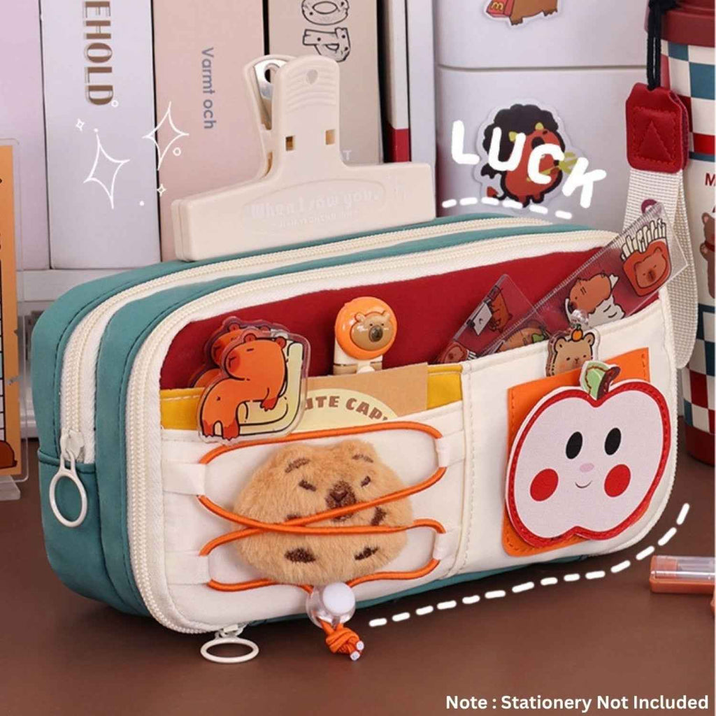 Apple Red Pencil Pouch - Large Capacity Multi-Compartment Zipper Case with Front Pocket & Elastic Organizer for Girls