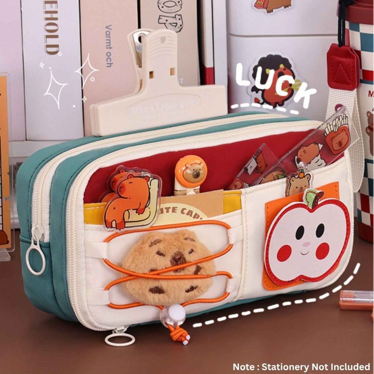 Apple Red Pencil Pouch - Large Capacity Multi-Compartment Zipper Case with Front Pocket & Elastic Organizer for Girls