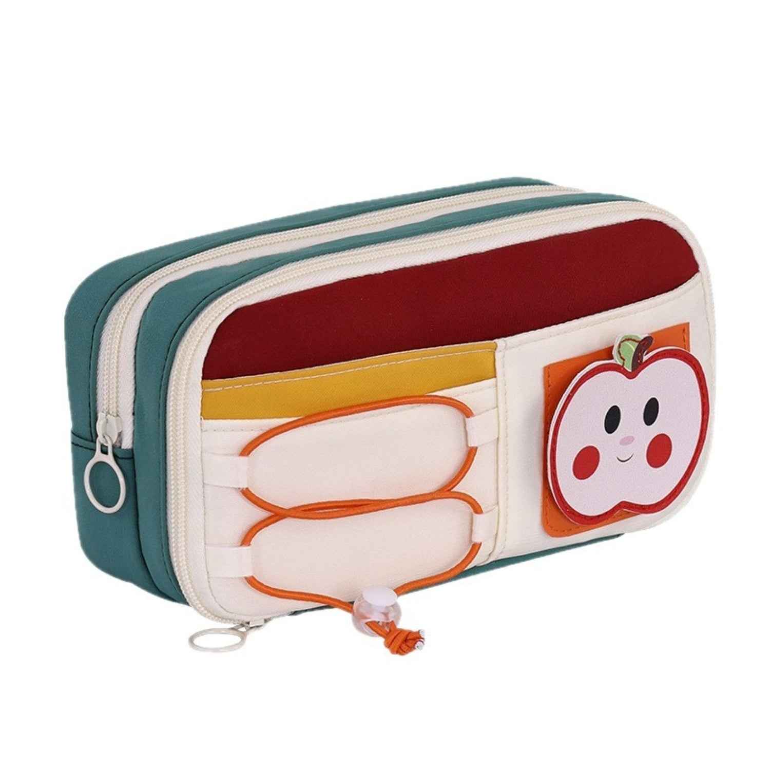 Apple Red Pencil Pouch - Large Capacity Multi-Compartment Zipper Case with Front Pocket & Elastic Organizer for Girls