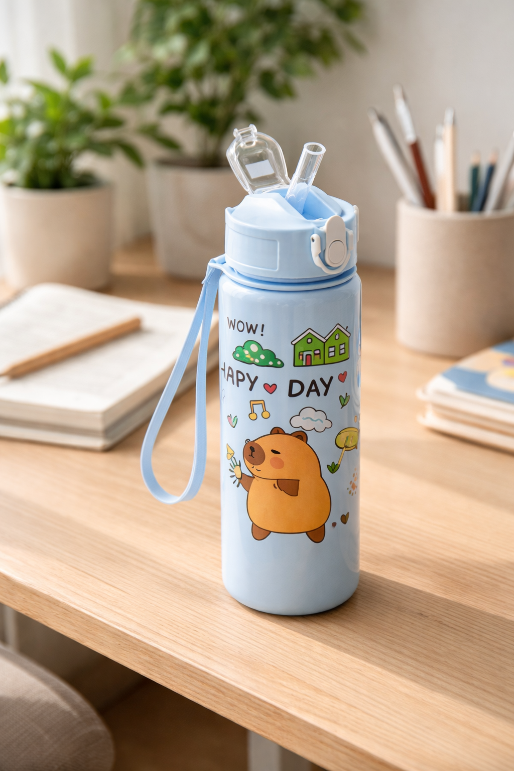 Cute Capybara Water Bottle 700ml | Portable Lightweight Reusable Bottle with Strap | Random Color | Pack of 1