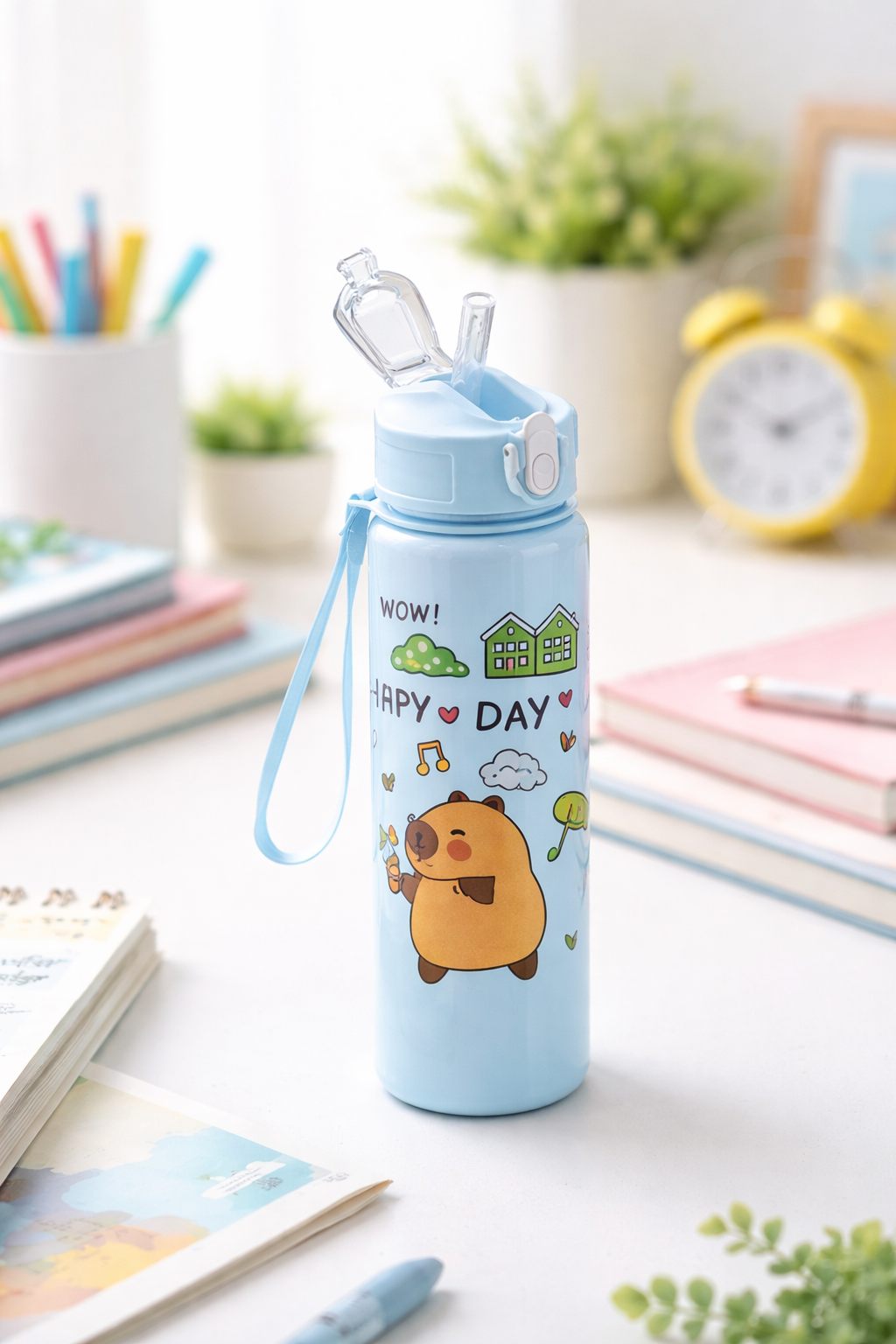 Cute Capybara Water Bottle 700ml | Portable Lightweight Reusable Bottle with Strap | Random Color | Pack of 1