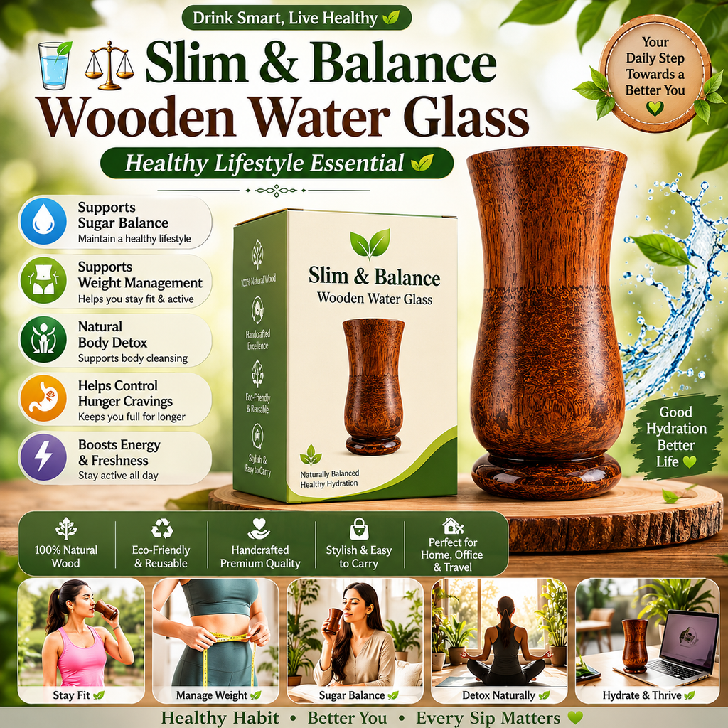 🍃💚 Wellness Wooden Water Glass – Weight & Sugar Support🪵