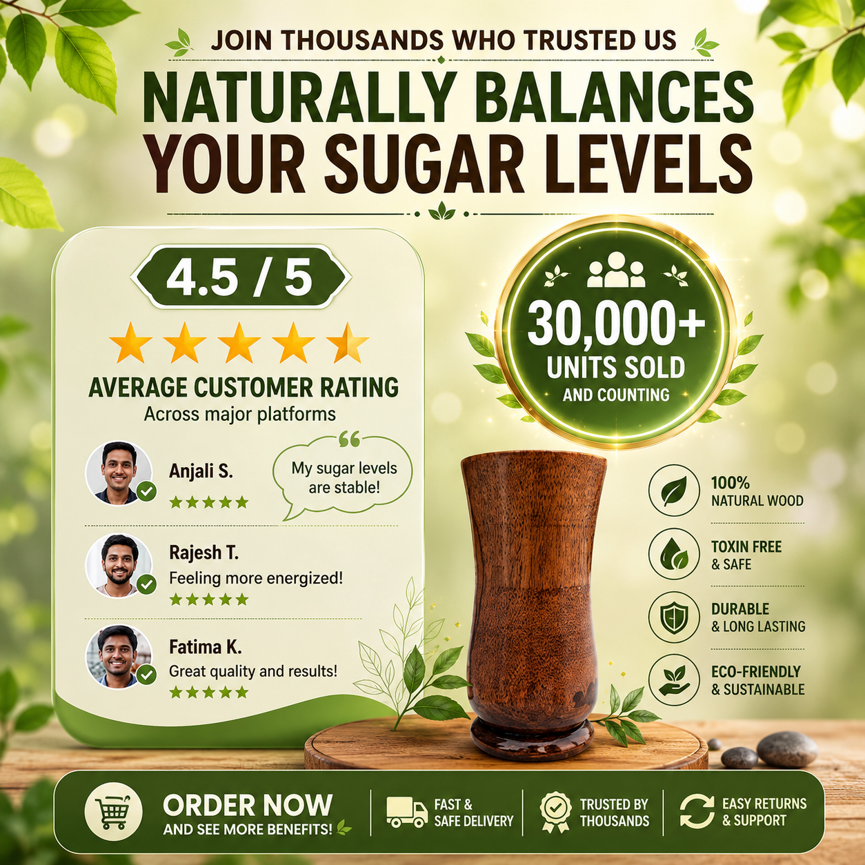 🍃💚 Wellness Wooden Water Glass – Weight & Sugar Support🪵