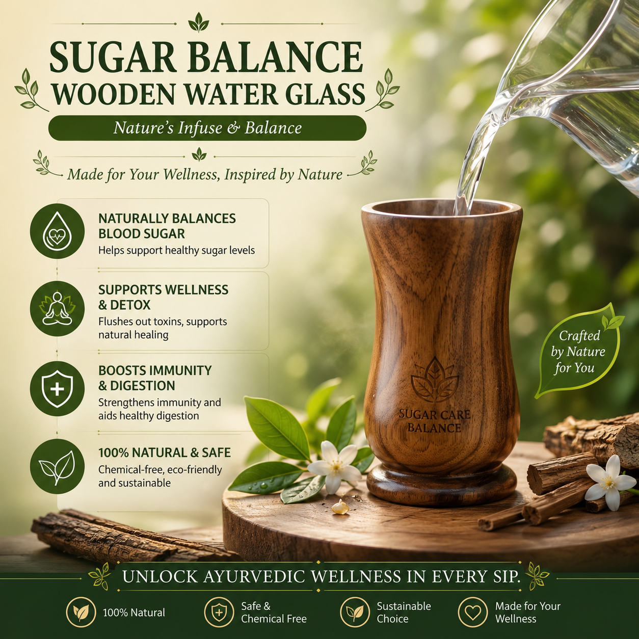 🍃💚 Wellness Wooden Water Glass – Weight & Sugar Support🪵